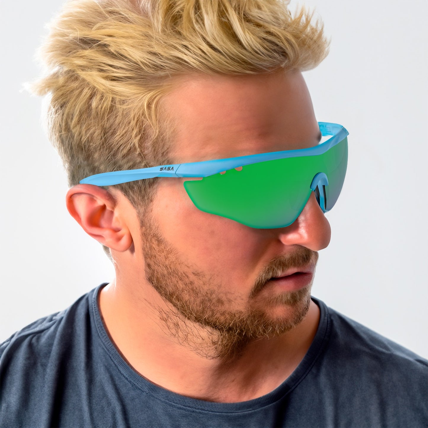 SASA Hawkeye Matte Silver Frame Blue Revo Lens Sports Sunglasses