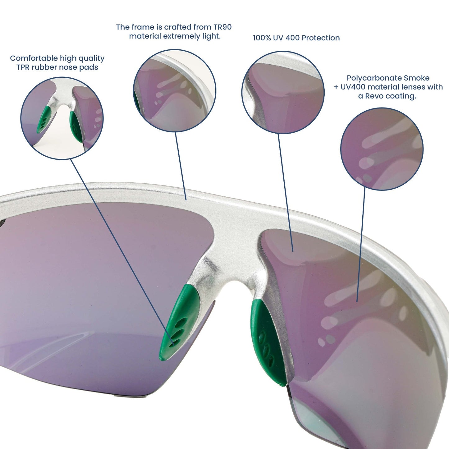 SASA Hawkeye Matte Silver Frame Blue Revo Lens Sports Sunglasses