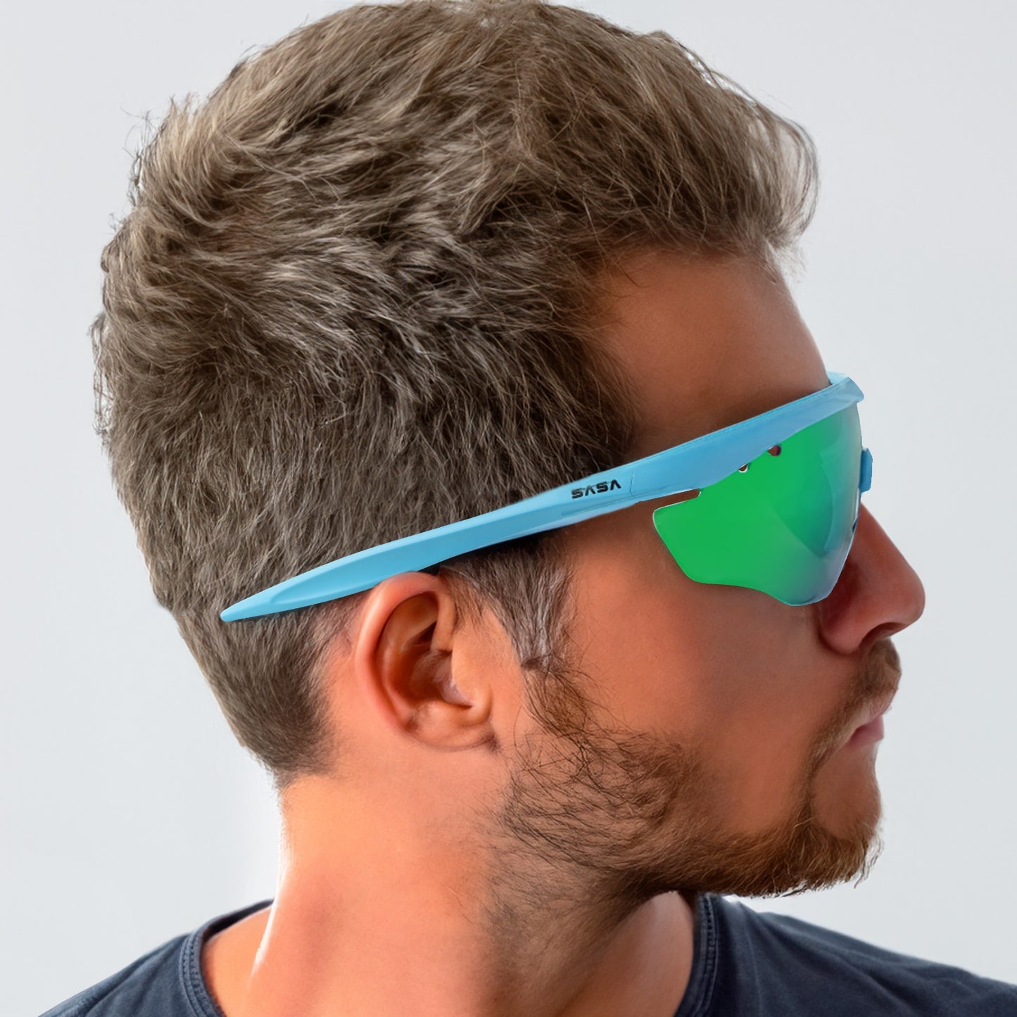 SASA Hawkeye Matte Silver Frame Blue Revo Lens Sports Sunglasses