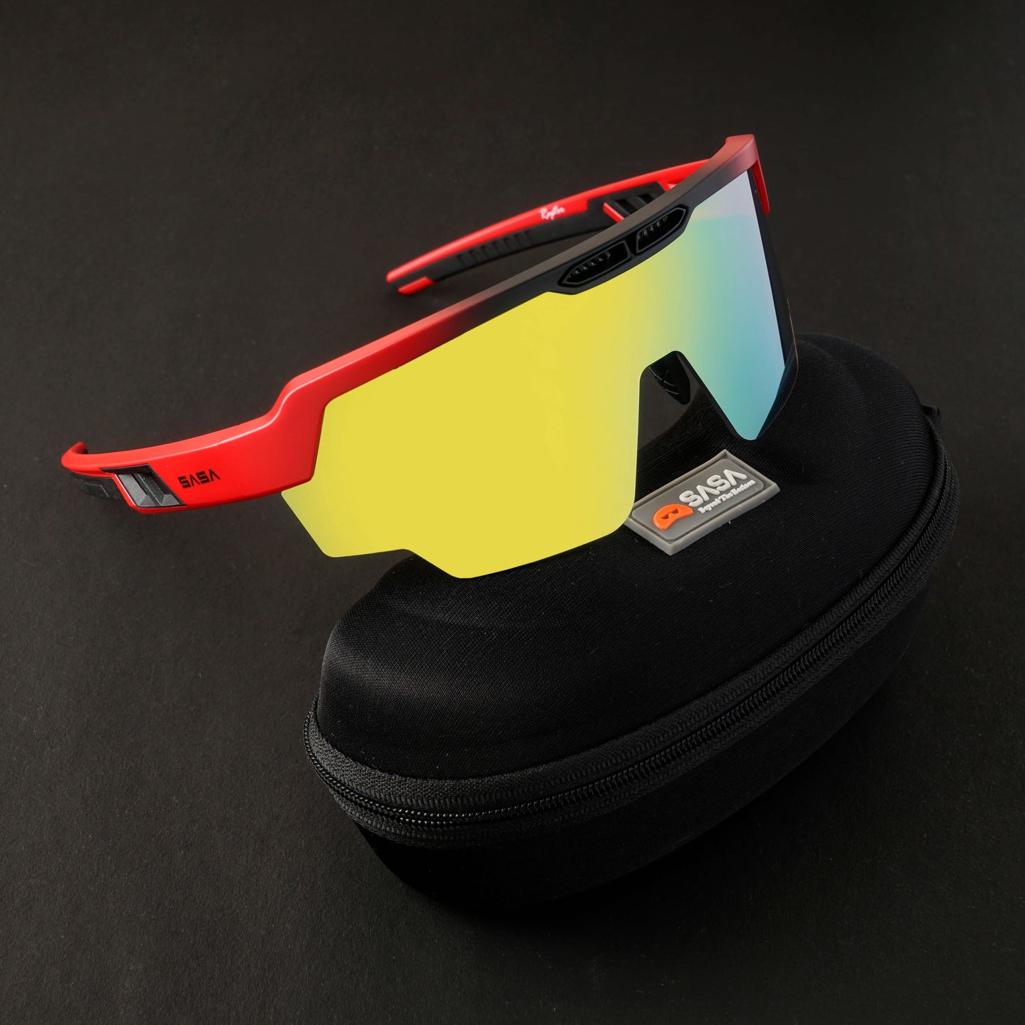 SASA Raptor Matte Red/Black Frame Yellow Revo Lens Sports Sunglasses