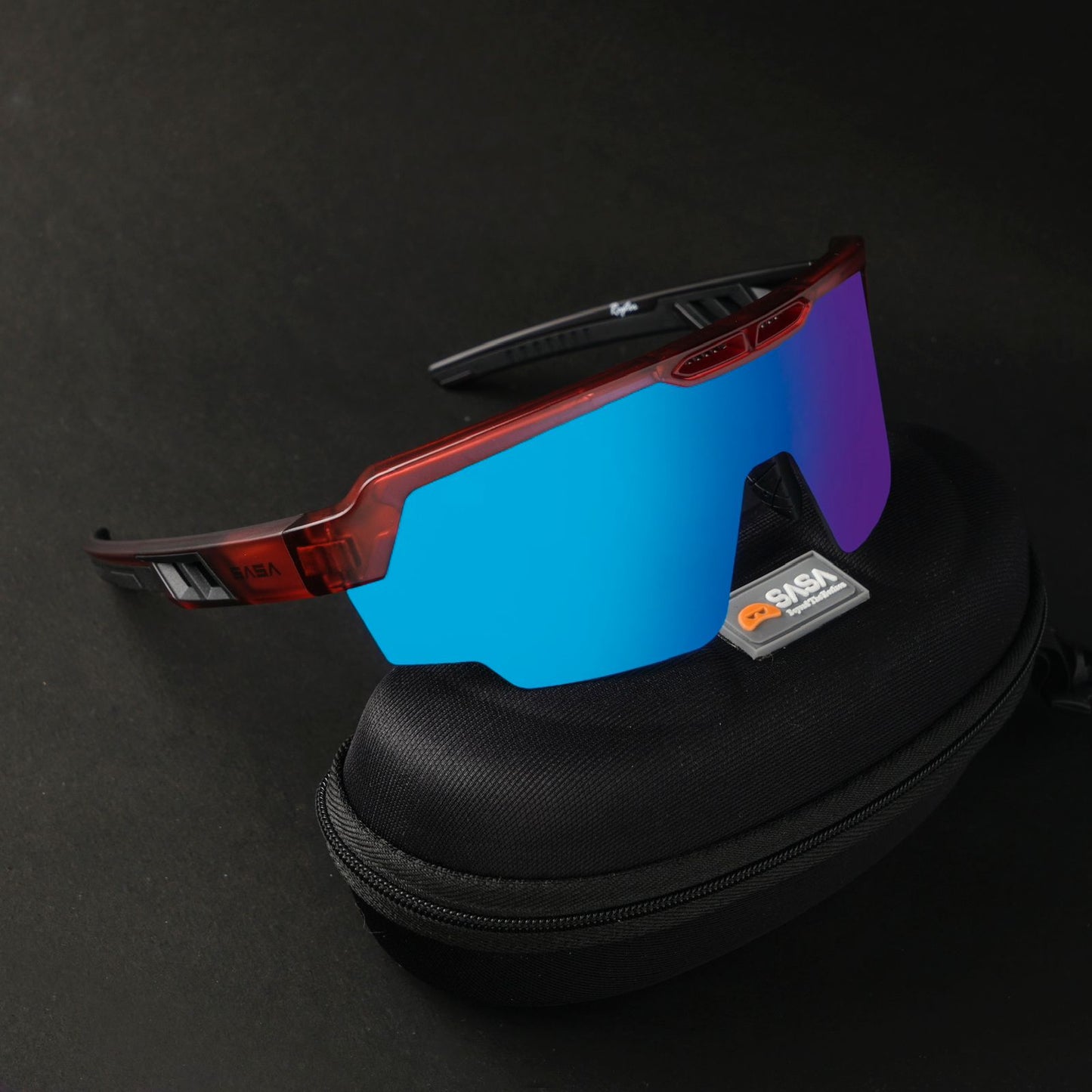 SASA Raptor Translucent Red Frame Ice Blue Revo Lens Sports Sunglasses