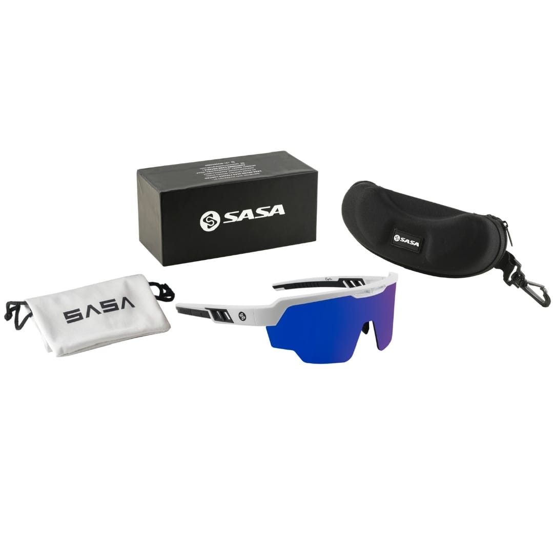 SASA Raptor Matte White Frame Blue Revo Lens Sports Sunglasses