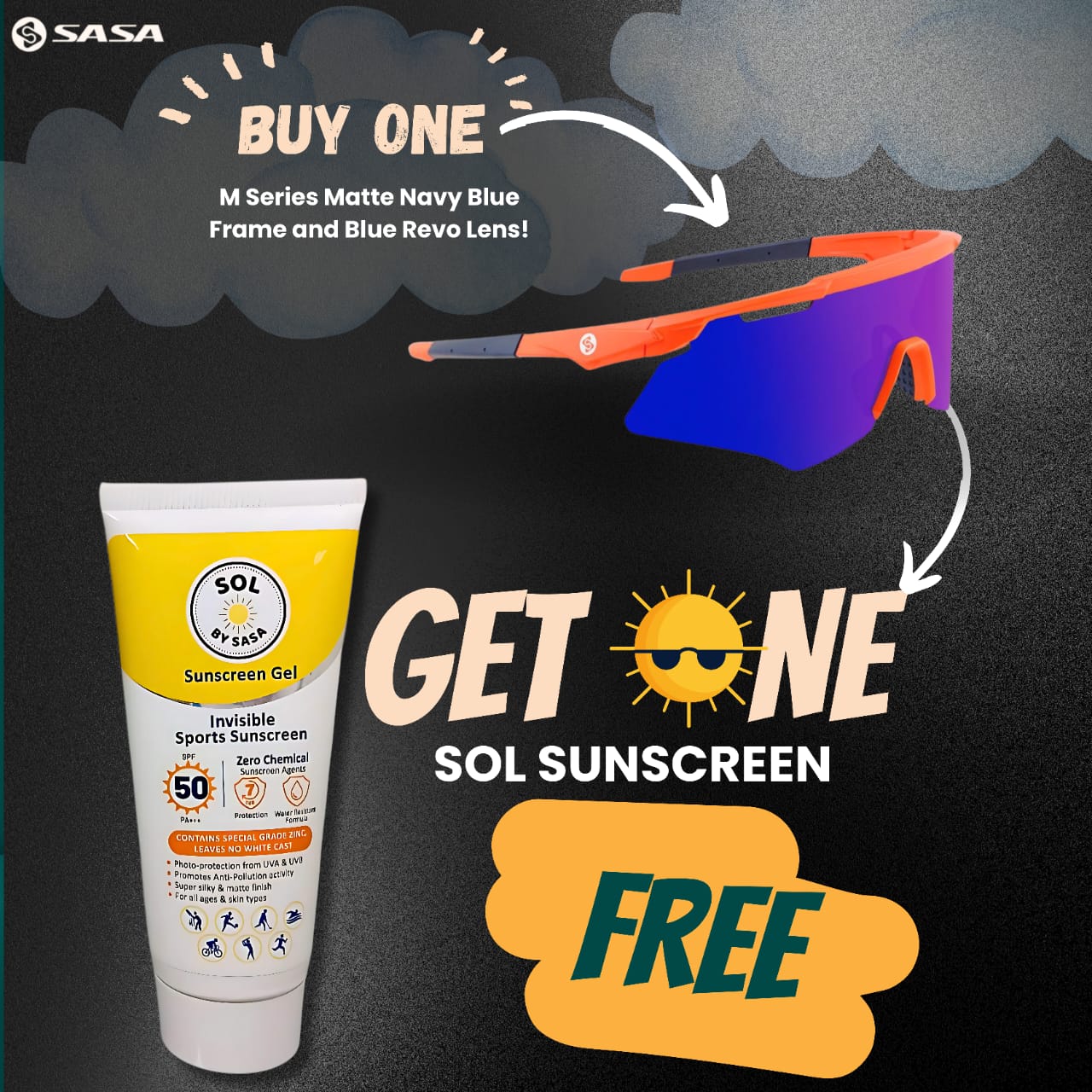 SASA M-Series Navy Blue Frame with Red Revo Lens Sports Sunglasses