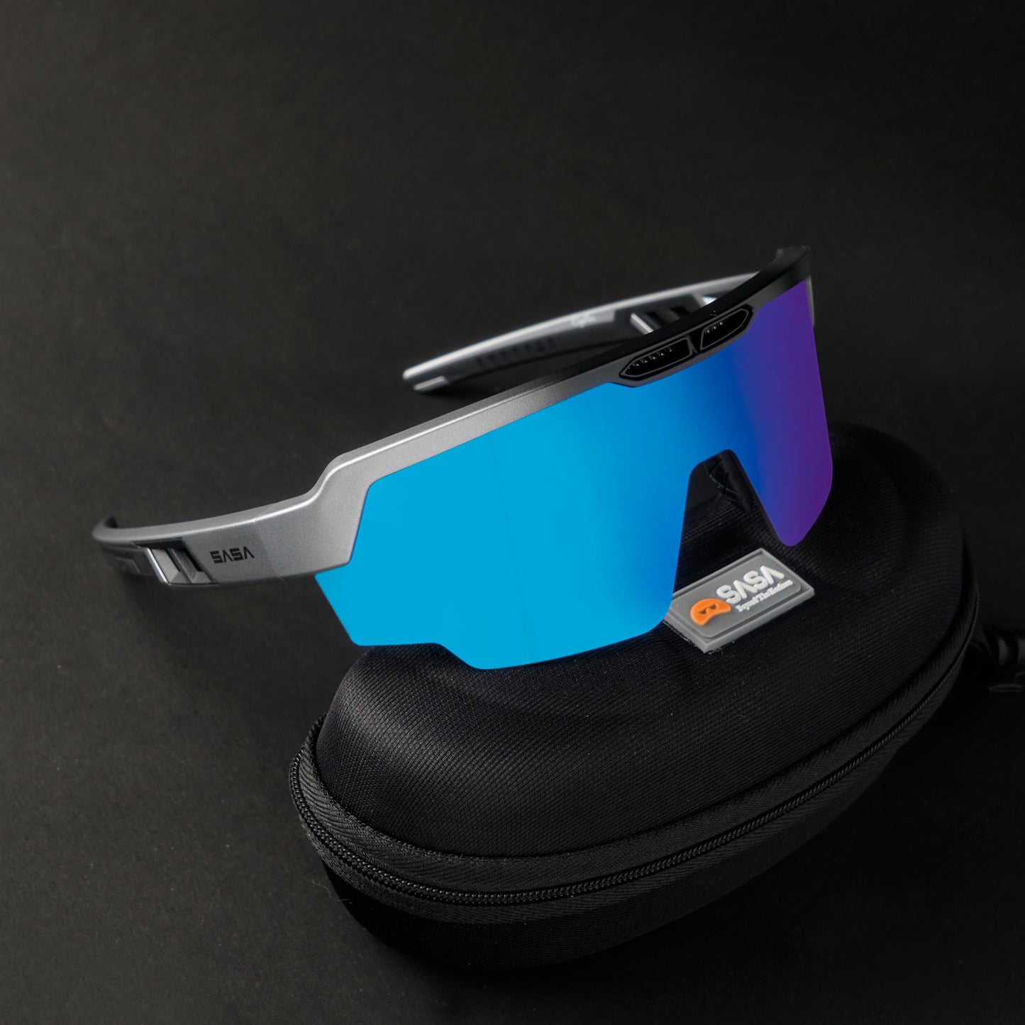 SASA Raptor Matte Silver/Black Frame Ice Blue Revo Lens Sports Sunglasses