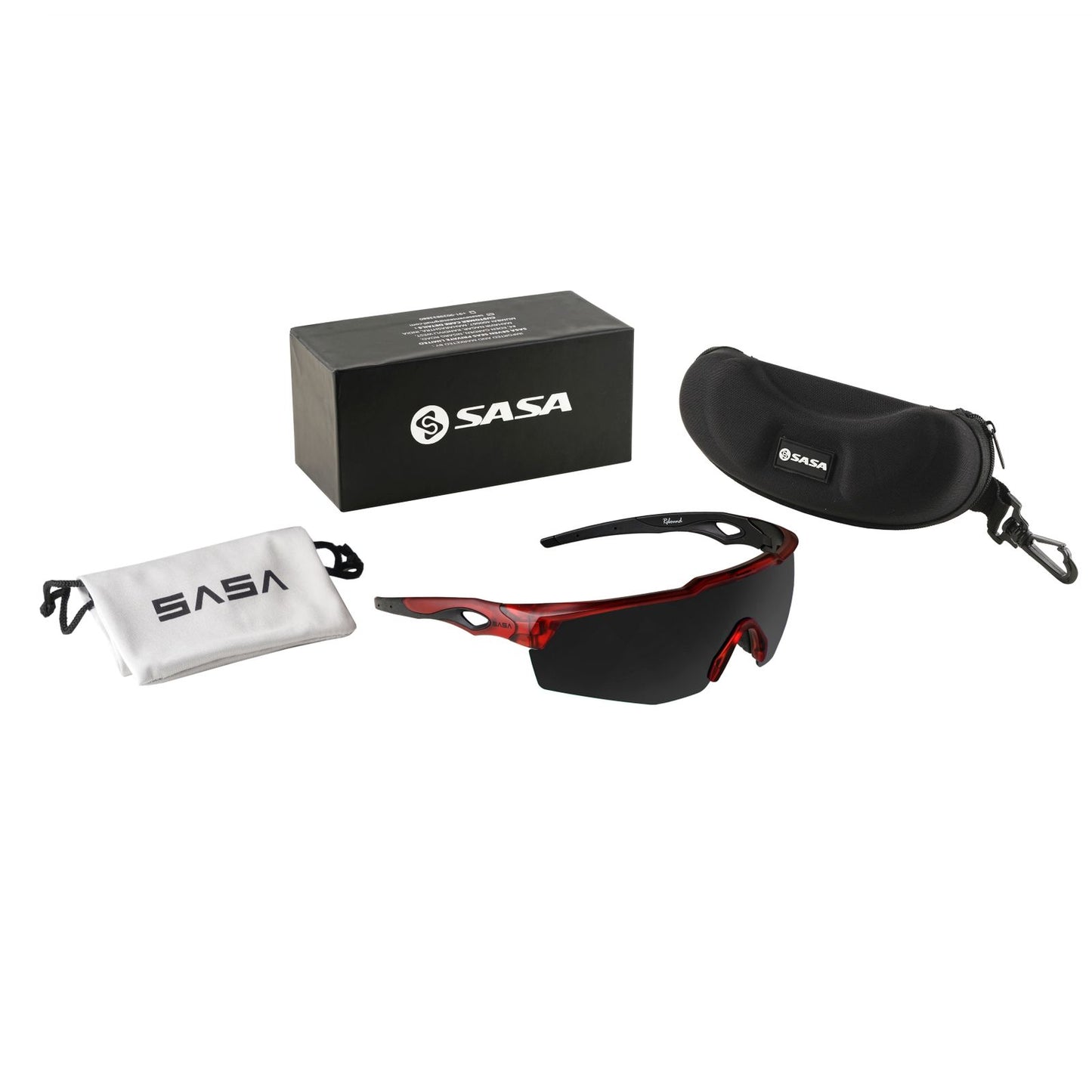 SASA sports sunglasses with case, pouch, and box on a white background