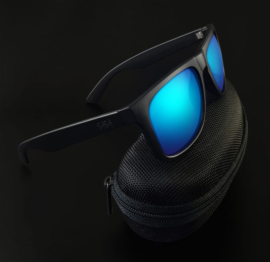 Wayfarer Sunglasses for Men | Black Frame Ice Blue Revo Lens
