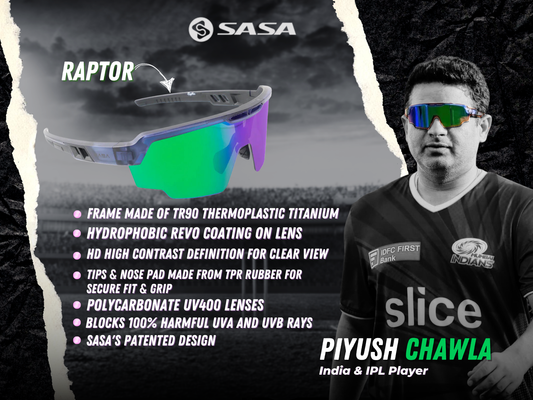 Piyush Chawla X SASA Raptor Translucent Blue Frame Green Revo Lens Sports Sunglasses