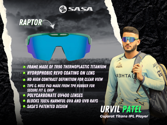 Urvil Patel Baroda Ranji Team X SASA Raptor Translusent Green Frame Ice Blue Revo Lens