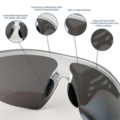 MATTE SILVER FRAME WITH ICE BLUE REVO LENS HAWKEYE