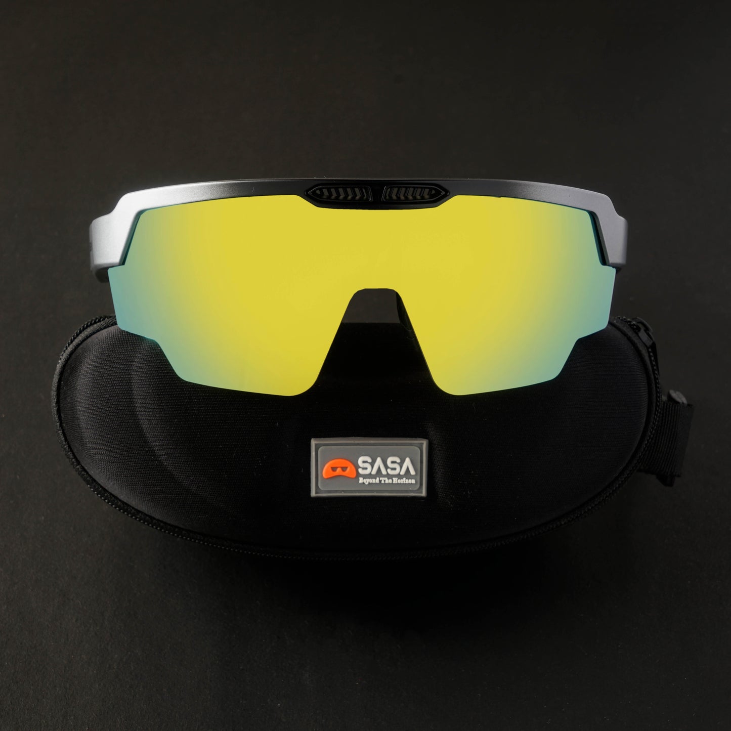 RAPTOR MATTE SILVER/BLACK FRAME YELLOW REVO LENS