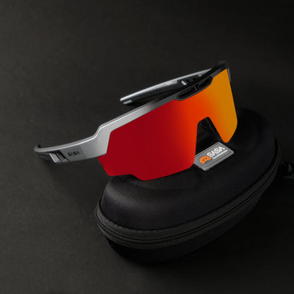 RAPTOR MATTE SILVER/BLACK FRAME RED REVO LENS